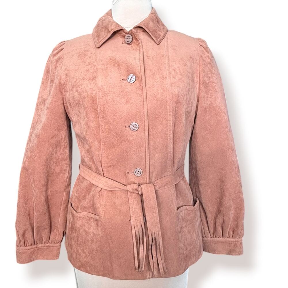 Vintage Ultrasuede Tan Jacket Fringe Tie Belt Boho Western Soft Faux Suede Coat